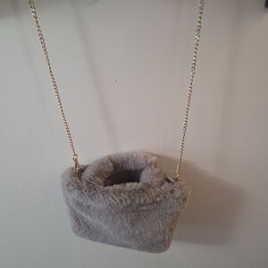Plush Faux Fur Crossbody Bag in Light Gray with Gold Chain